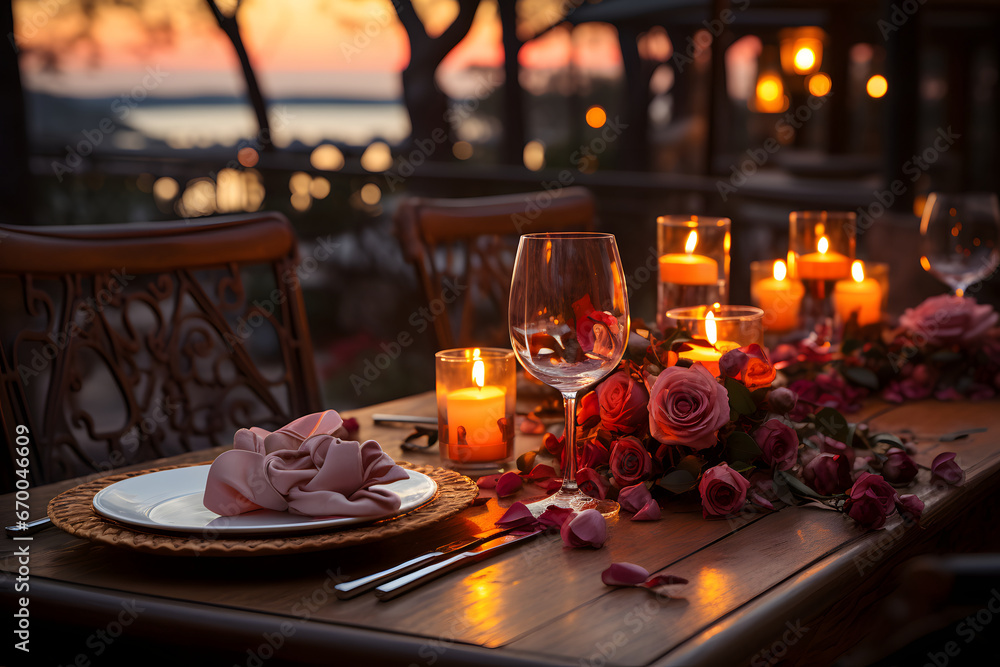 Romantic dinner restaurant setting.