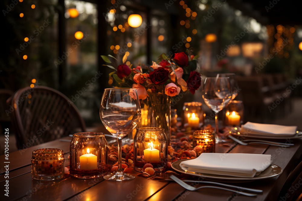 Romantic dinner restaurant setting.