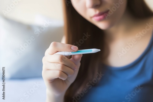 Young woman pregnancy test at home. Baby female test house bedroom. Generate Ai