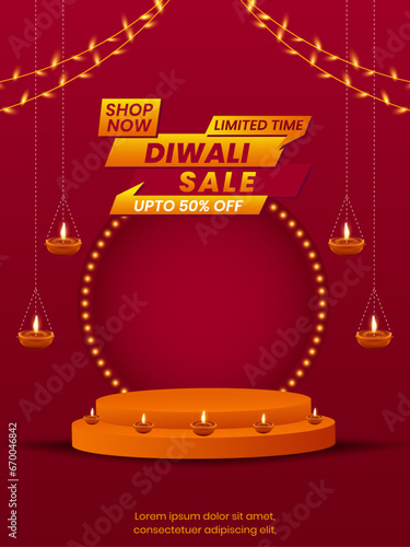Happy Diwali Offer sale banner, poster and website header 3d pedestal podium design vector illustration.