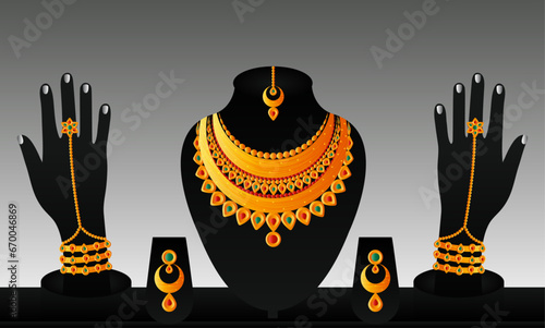 Indian traditional gold necklace set jewelery set for women. Happy Diwali and Dhanteras. Indian Festival of Lights.