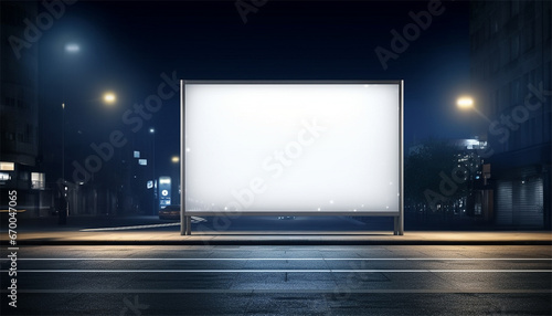 Billboard mockup in the city by night. Empty advertisement board, blank white signboard on roadside in city, blank billboard in city in night time, White signboard or lightbox on roadside for advertis