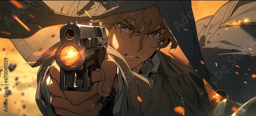 Anime guy shoots a gun, close-up
