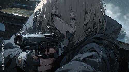 Anime guy shoots a gun, close-up 