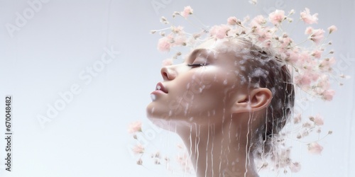 Fresh shower on sensitive soft skin concept on white background Generative AI photo