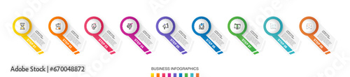 Business vector infographics with 9 circles and arrows. Timeline visualization with nine steps for diagram, flowchart, banner, presentations, web, content, levels, chart, graphic