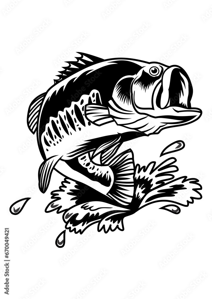 Naklejka premium Bass fishing vector line art 