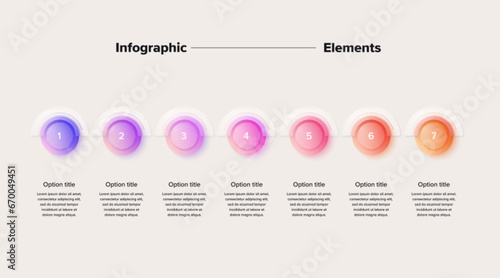 Business process chart infographics with 7 step circles. Circular corporate workflow graphic elements. Company flowchart presentation slide. Vector info graphic in glassmorphism design.