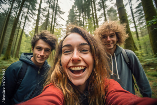 A wide angle selfie of a group of happy young friends in the forest