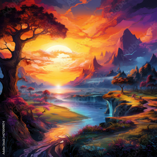 Amazing fantasy landscape with river and mountains at sunset. Colorful clouds on sky. Vibrant colors.