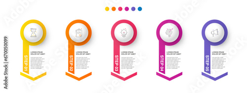 Vector modern infographic with 5 circles and arrows. 3D concept graphic process template with five steps and icons. Timeline for the business project on white background photo