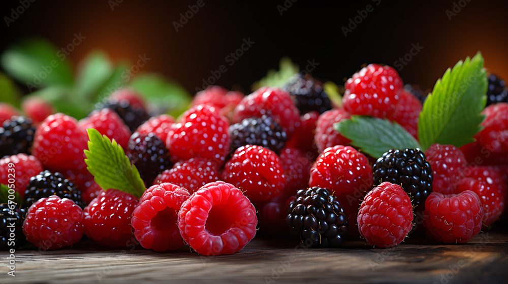 Raspberries and blackberries on Rustic Wooden Table. Fresh Juicy Delicious and Ripe Garden Berries for Healthy Diet Culinary Delights. Closeup of Natural Strawberries with Copy Space. Eco Farming Raspberries and blackberries on Rustic Wooden Table. Fresh Juicy Delicious and Ripe Garden Berries for Healthy Diet Culinary Delights. Closeup of Natural Strawberries with Copy Space. Eco Farming
