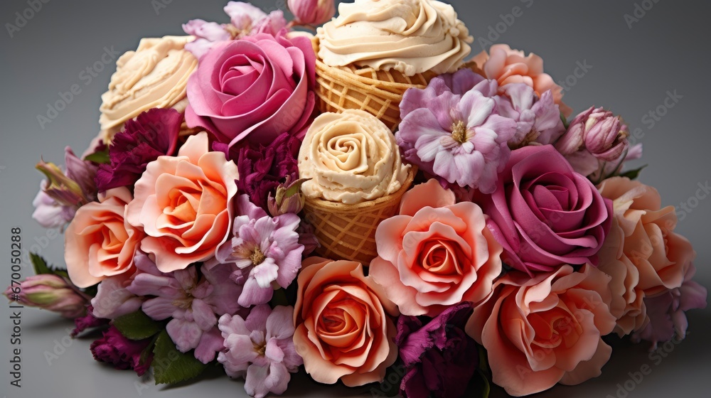 Fototapeta premium Purple Flowers Green Icecream Cone, Background Image, Valentine Background Images, Hd