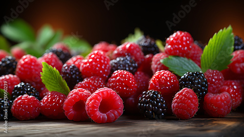 Raspberries and blackberries on Rustic Wooden Table. Fresh Juicy Delicious and Ripe Garden Berries for Healthy Diet Culinary Delights. Closeup of Natural Strawberries with Copy Space. Eco Farming