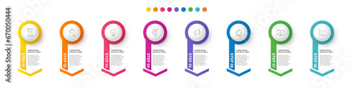 Vector modern infographic with 8 circles and arrows. 3D concept graphic process template with eight steps and icons. Timeline for the business project on white background
