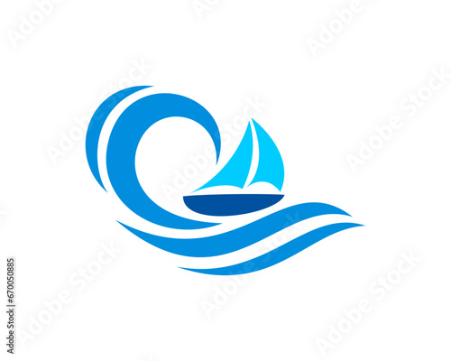 Sailing boat on the blue wave vector illustration