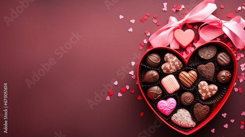 Box of Chocolates Heart Shaped, Handmade Candies, Pralines Truffle, Easter and Valentine's Day Greetings background with copy space © LiezDesign