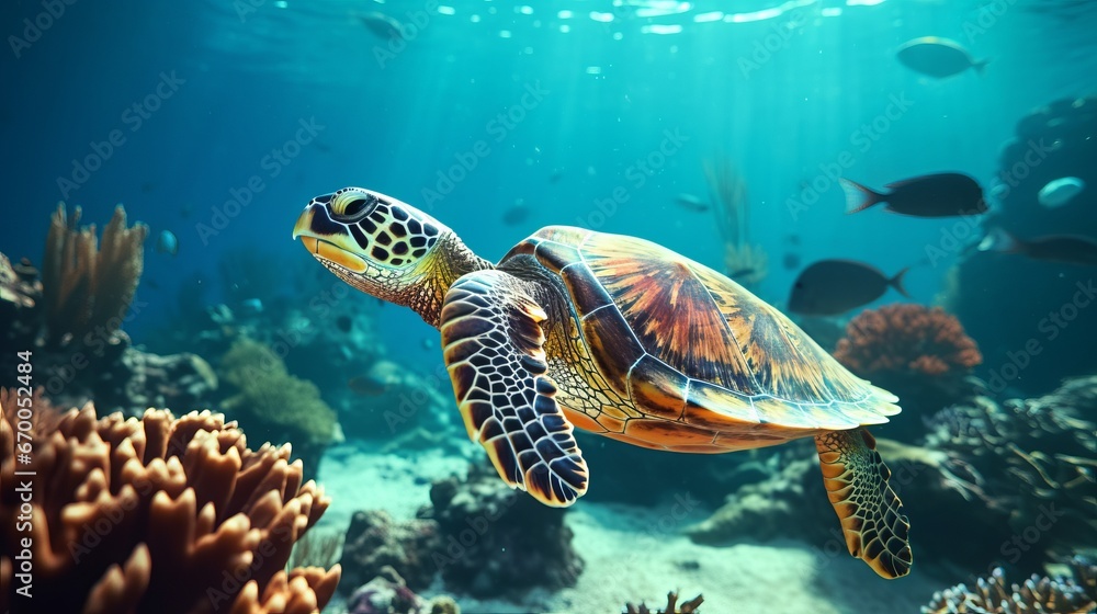 A beautiful sea turtle swims among various algae and corals in the sea or ocean. Marine inhabitants. Colorful exotic fish species around. Generative AI.