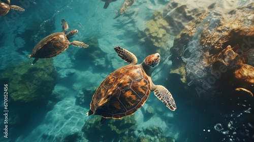 A group of beautiful green sea turtles swim in the water near the shore. Charming reptiles are long-lived in the wild. View from above. Marine inhabitants Generative AI.