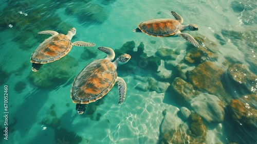 A group of beautiful green sea turtles swim in the water near the shore. Charming reptiles are long-lived in the wild. View from above. Marine inhabitants. © Nikolai