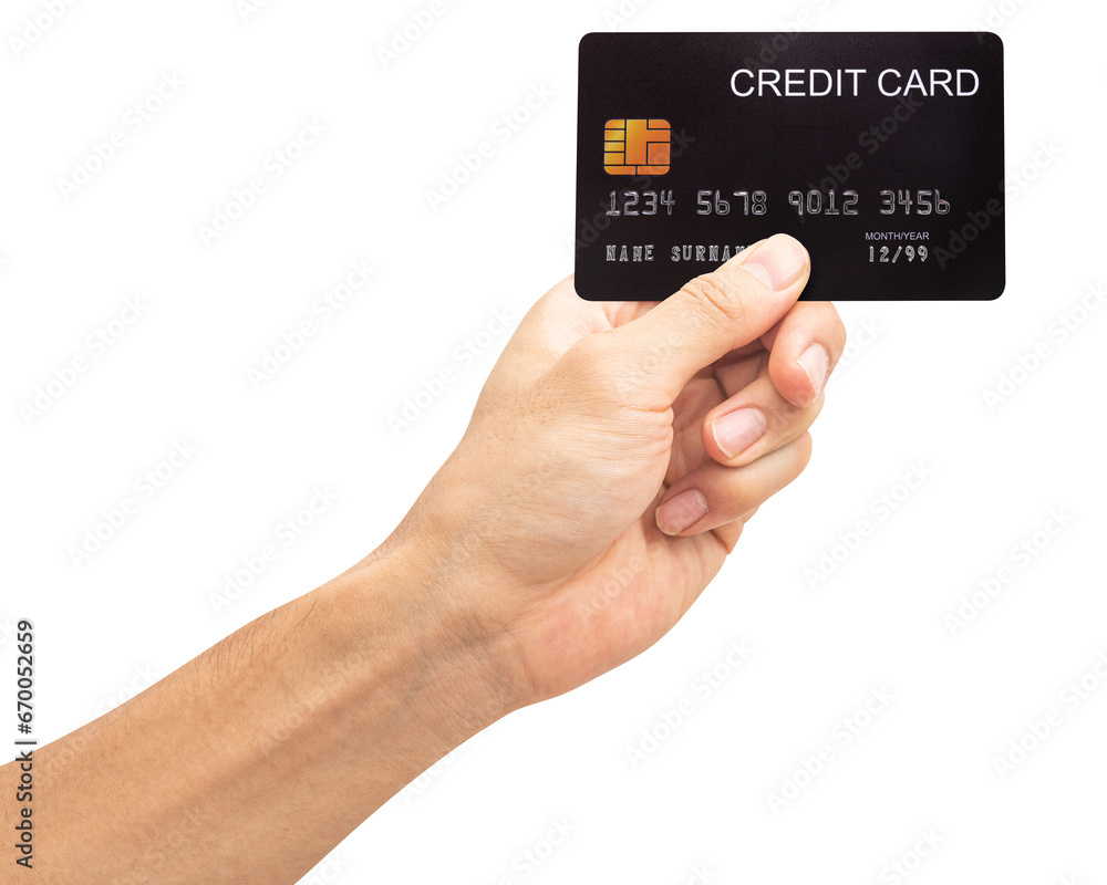 The man's hand holds black credit card isolated on white background. The man's hand holds black credit card isolated on white background.