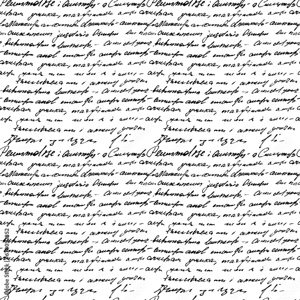 Seamless vector pattern with abstract black handwritten text on white background. Handwritten abstract text wallpaper.  Full vector illegible, unreadable love themed letter, hand written writing 