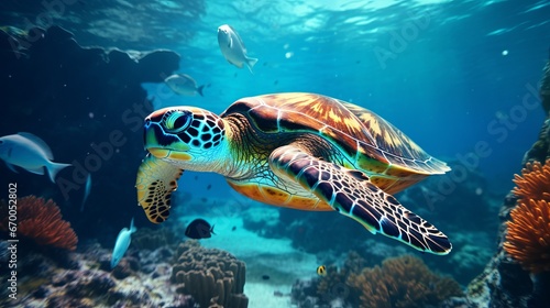 A beautiful sea turtle swims among various algae and corals in the sea or ocean. Marine inhabitants. Colorful exotic fish species around. Generative AI. © Nikolai