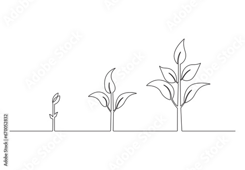 Continuous one line drawing of step of plant growth. Isolated on white background vector illustration. Premium vector. 