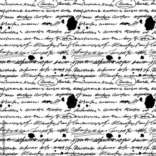 Seamless vector pattern with illegible text and ink stains, abstract vintage background of illegible ink-written poetry.  Sweeping handwriting with crossed out words. Vector illustration of a poetic 