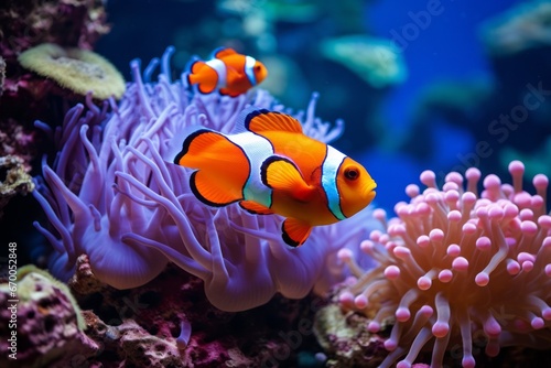 Beautiful colorful sea fish live in an aquarium among various algae and corals. Rare fish species in the aquarium. Red Amphiprion Clown fish. Generative AI. © Nikolai