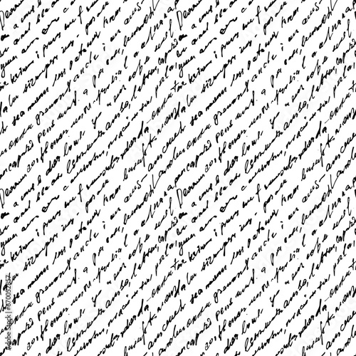 Abstract seamless diagonal hand write pattern with black handwritten text.  Full vector illegible, unreadable love themed letter, hand written writing in cursive pen.
