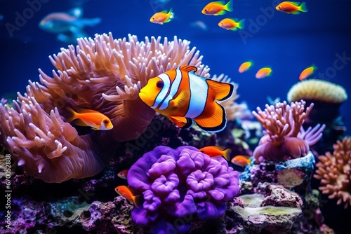 Beautiful colorful sea fish live in an aquarium among various algae and corals. Rare fish species in the aquarium. Red Amphiprion Clown fish. Generative AI.