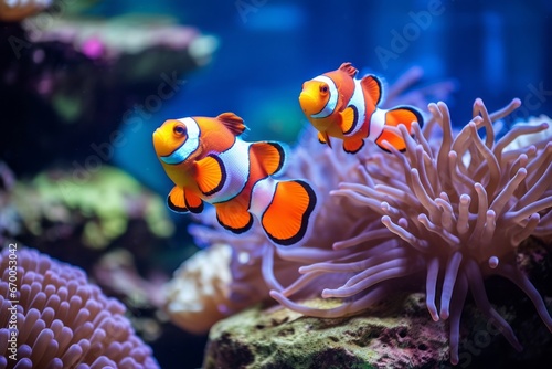 Beautiful colorful sea fish live in an aquarium among various algae and corals. Rare fish species in the aquarium. Red Amphiprion Clown fish. Generative AI.