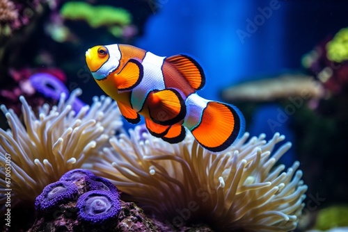 Beautiful colorful sea fish live in an aquarium among various algae and corals. Rare fish species in the aquarium. Red Amphiprion Clown fish. Generative AI.