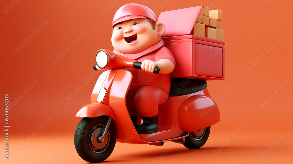 Delivery Guy with Boxes on Bike in Vibrant 3D Render on Red Background Delivery Guy with Boxes on Bike in Vibrant 3D Render on Red Background