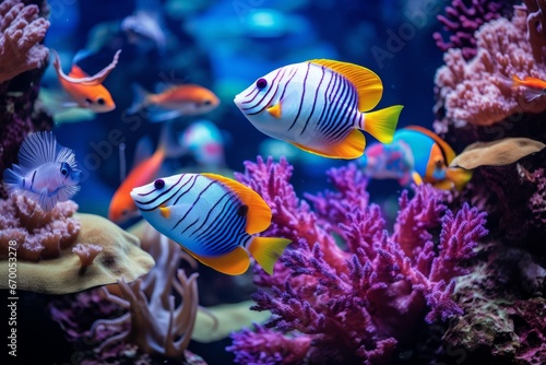 Beautiful colorful sea fish live in an aquarium among various algae and corals. Rare fish species in the aquarium. Generative AI.
