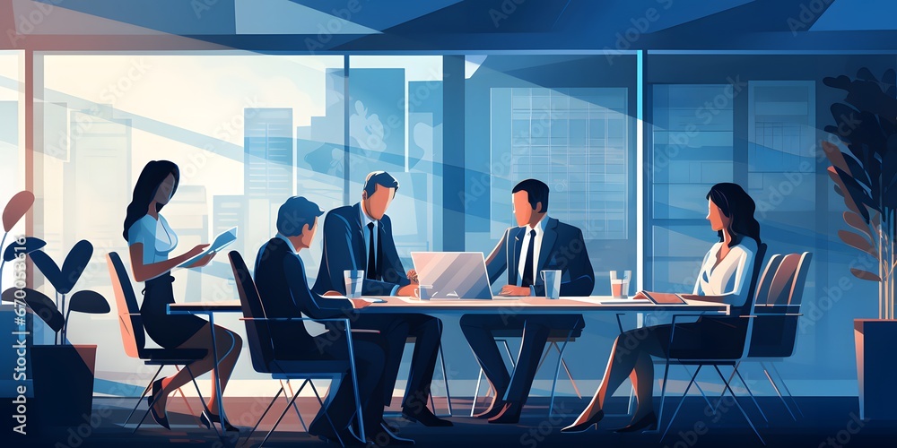 © Jing - Business, flat color vector type illustration of a man working on a computer