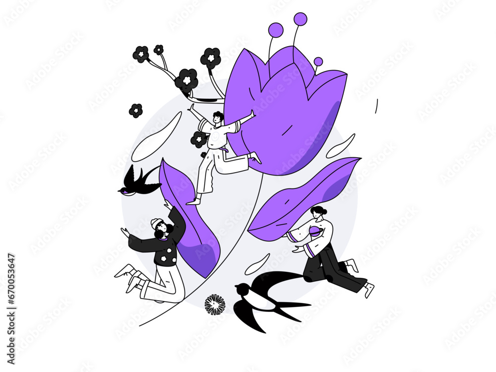 Fototapeta premium 24 solar terms: Beginning of spring, rain, awakening of insects, spring breeze, Qingming Festival, Grain Rain, flat character vector concept operation hand-drawn illustration 