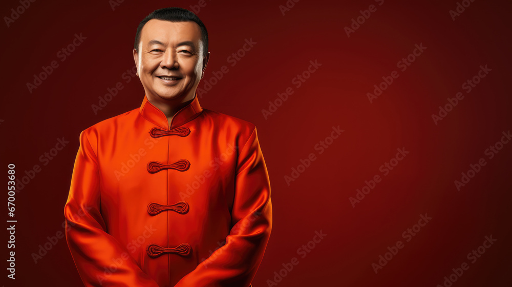 Obraz premium Radiant Asian Man Portraying Joy and Contentment on Solid Background