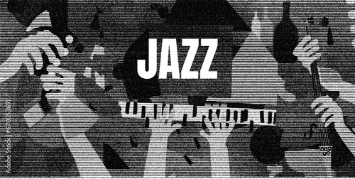 Photography Modern music poster with abstract and minimalistic musical instruments assembled from black and gray geometric forms and shapes