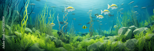Colorful water reef with green algae and fishes