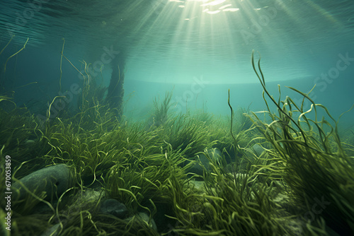 Colorful water reef with green algae and with sun rays underwater photo