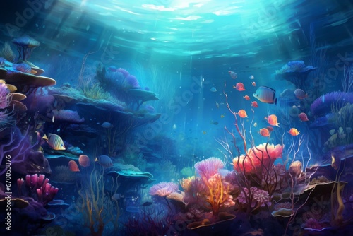 Beautiful seabed with colorful fish and coral reef. A postcard from the copy space. The bottom of the ocean with active marine life. Cartoon style, Generative AI.