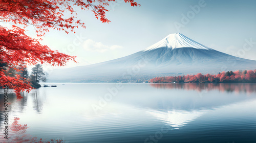 olorful Autumn Season and Mountain Fuji with morning fog and red leaves at lake,mountain and lake,HD walpaper ,AI Generative 