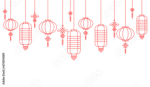 Chinese lanterns line art style. Elements for decoration cards, invitations, party posters Lunar. Background for a Chinese new years. Vector illustration eps10.