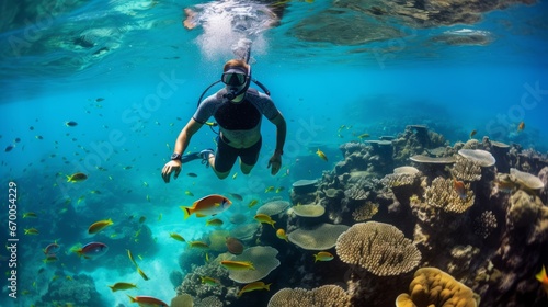 Person swims underwater with scuba gear and fins in the ocean among various beautiful fish and corals. Active summer sea sports. Man scuba diver. Generative AI.