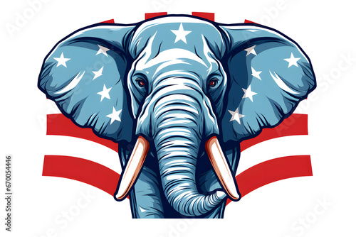 Close-up illustration of an republican elephant with the American flag design on its head and ears, showing stars and stripes
