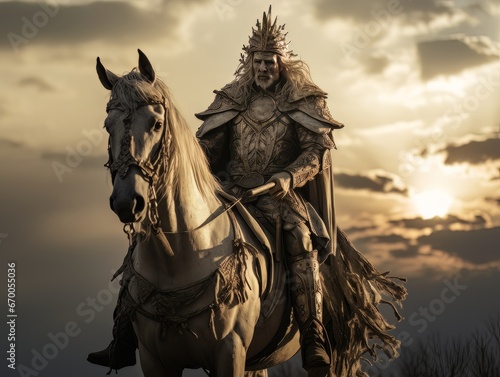 White horseman of apocalypse warrior in golden armor riding white horse AI