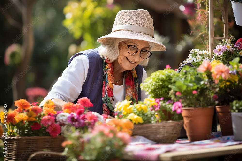 The portrait of a happy senior or older woman is doing gardening to take care of her flowers, roses or carnations, on a warm sunny morning. Generative AI.