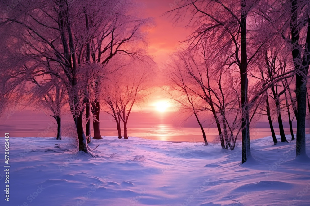 winter trees and sunset at the forest. Sunset in the wood in winter period. sun shines through trees in the winter forest with beautiful sky